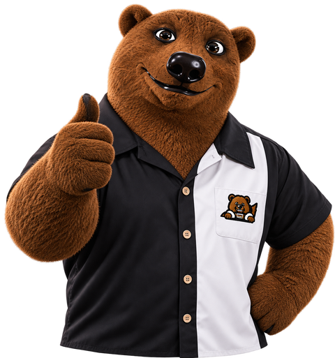 Red, the Den of Tools bear, giving a friendly thumbs-up