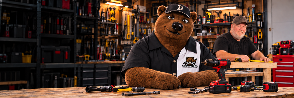 Red, the Den of Tools bear, at a workshop bench with Jeff King working behind him.