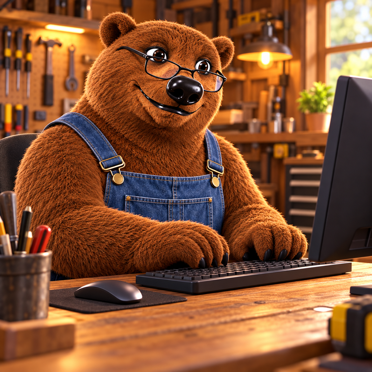 Red wearing denim overalls and reading glasses, typing at a computer in his workshop while building Tool Bear